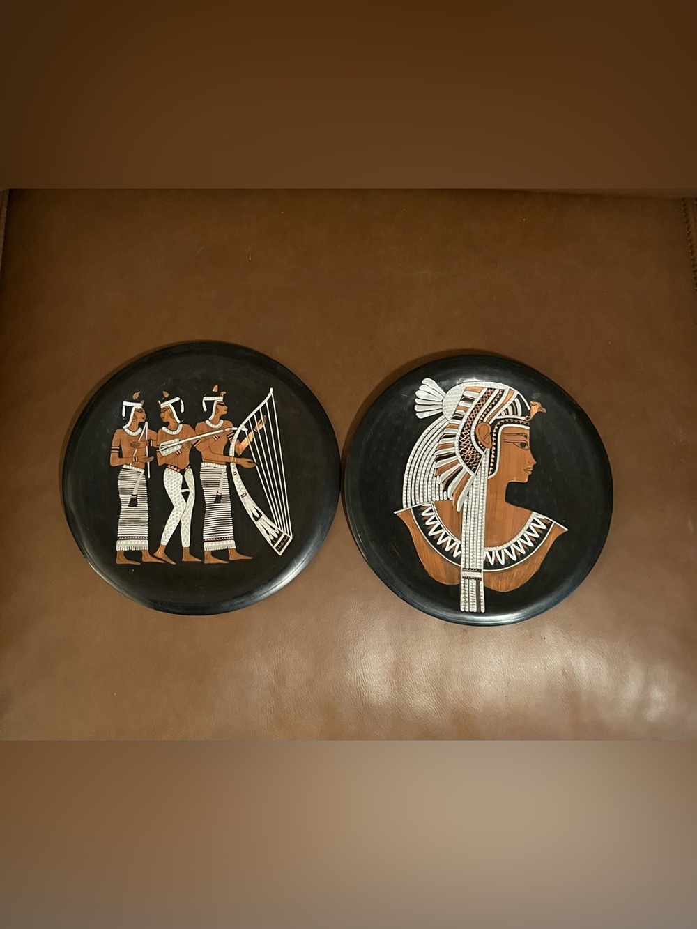 Vtg Hammered Copper Wall Plates w/ Egyptian Motif in Mixed Metals. Set of 2.